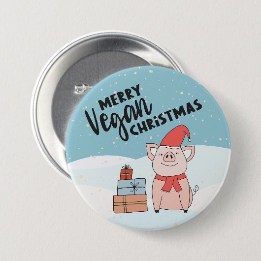 Vegane Weihnachten mit Cartoon-Ferkel und Geschenk Button (Vorne & Hinten)
