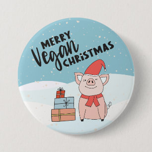 Vegane Weihnachten mit Cartoon-Ferkel und Geschenk Button