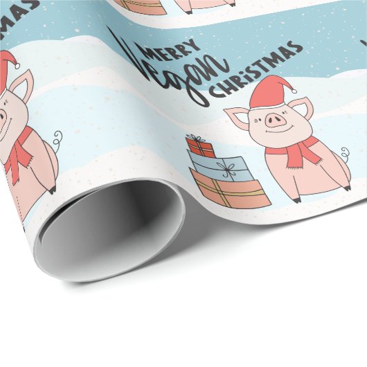 Vegane Weihnachten mit Cartoon-Ferkel und Geschenk Geschenkpapier (Rolleneckpunkt)