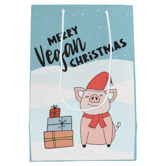 Vegane Weihnachten mit Cartoon-Ferkel und Geschenk Mittlere Geschenktüte (Rückseite)