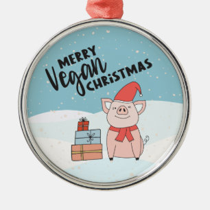Vegane Weihnachten mit Cartoon-Ferkel und Geschenk Ornament Aus Metall