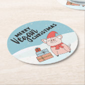 Vegane Weihnachten mit Cartoon-Ferkel und Geschenk Runder Pappuntersetzer (Angewinkelt)