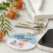 Vegane Weihnachten mit Cartoon-Ferkel und Geschenk Schlüsselanhänger (Vorderseite rechts)