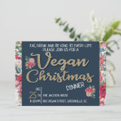 Vegane Weihnachtsretrine blau und goldfarben, blum Einladung (Stehend Vorderseite)