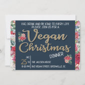 Vegane Weihnachtsretrine blau und goldfarben, blum Einladung (Vorderseite)