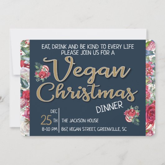 Vegane Weihnachtsretrine blau und goldfarben, blum Einladung (Vorderseite)