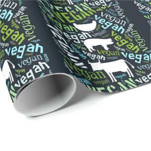 "Veganes" Wort-Wolke Mosaik mit Schwein, Henne u. Geschenkpapier
