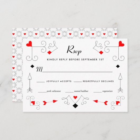 Vegas Cupid's Hearts and Diamonds Wedding RSVP Karte (Vorne/Hinten)