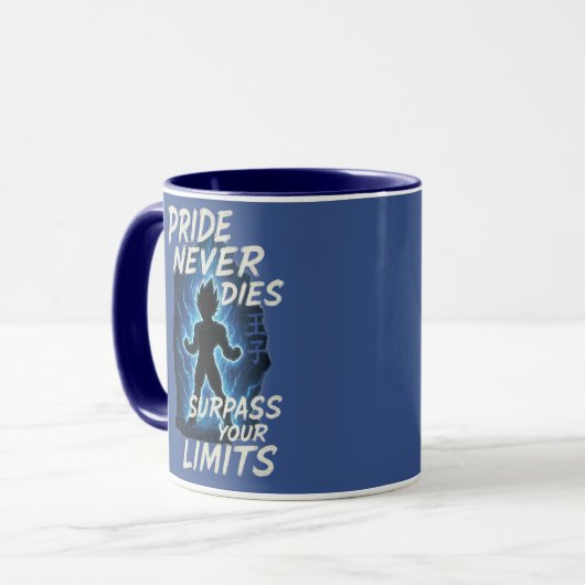 Vegeta Inspired Quote Mug – Never Give Up Energy Tasse (Vorderseite Links)