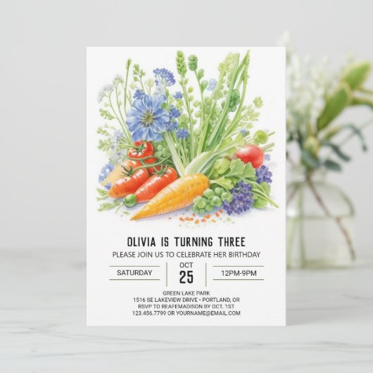 Veggie Patch Adventure Birthday Einladung (Stehend Vorderseite)