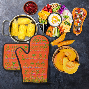 Veggie-Truthühner und Sonnenblumen, orange Ofenhandschuh & Topflappen-Set