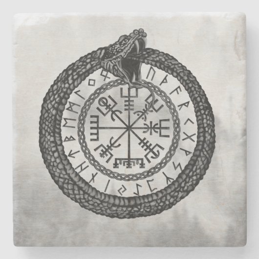 Vegvisir mit Ouroboros und Runen - Grayscale Steinuntersetzer (Vorderseite)
