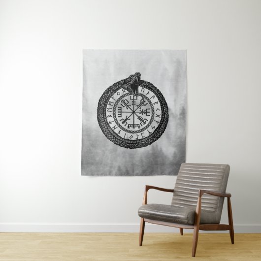 Vegvisir mit Ouroboros und Runen - Grayscale Wandteppich (Beispiel)