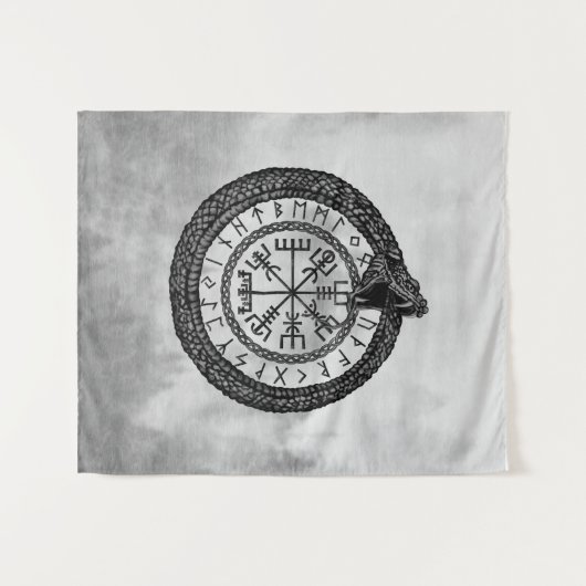 Vegvisir mit Ouroboros und Runen - Grayscale Wandteppich (Vorderseite (Horizontal))