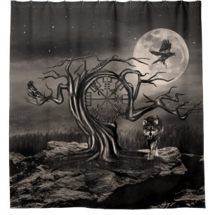 Vegvisir Tree Moon Landschaft - Sepia Duschvorhang