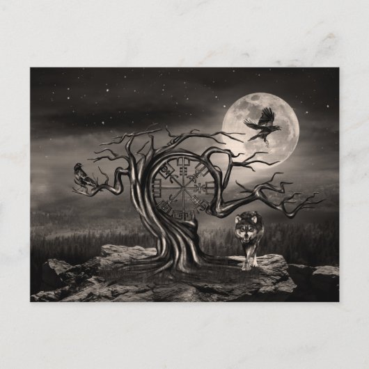 Vegvisir Tree Moon Landschaft - Sepia Feiertagspostkarte (Vorderseite)