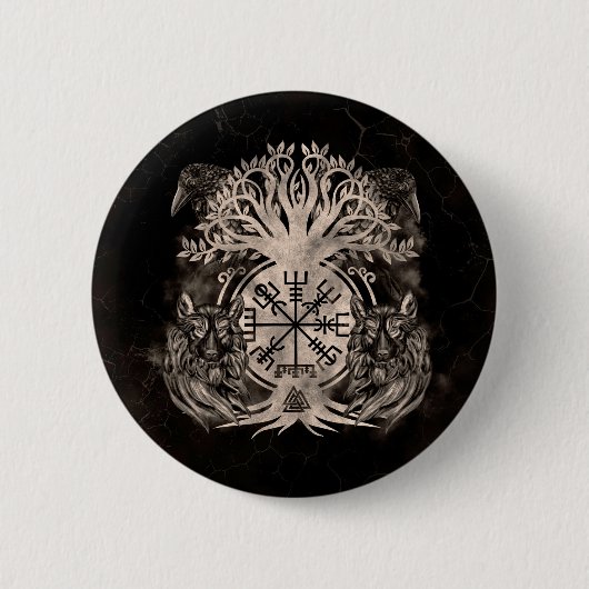 Vegvisir-Yggdrasil mit Ravens & Wölfen Button (Vorderseite)
