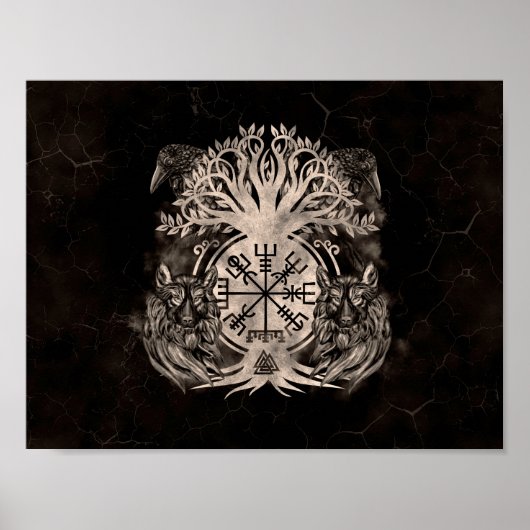 Vegvisir-Yggdrasil mit Ravens & Wölfen Poster (Vorne)