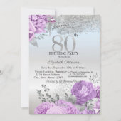 Veilchen-Blumen Glitter Silber 80. Geburtstag Einladung (Vorderseite)