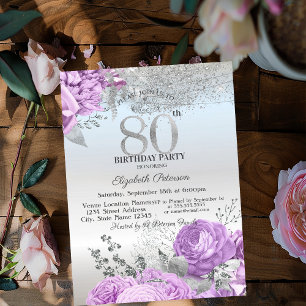 Veilchen-Blumen Glitter Silber 80. Geburtstag Einladung