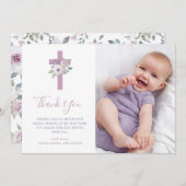 Veilchen erröten Kreuz-und der Blumen-| Foto-Taufe Dankeskarte (Vorne/Hinten)