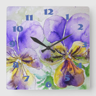 Veilchen Lila Stiefmütterchen Aquarell Stiefmütter Quadratische Wanduhr