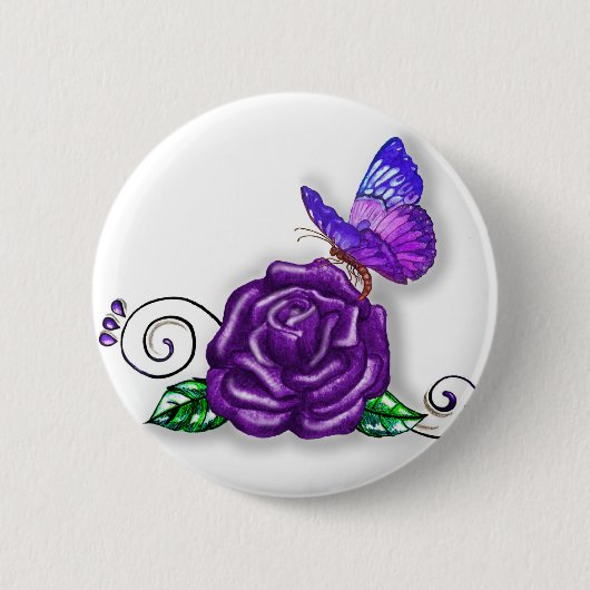 Veilchen-Schmetterling und Rosen-Design Button (Vorderseite)