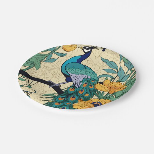 Vektor, nahtloses Muster mit Pfauenprint Pappteller (Schrägansicht)