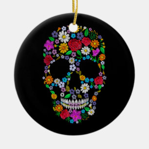Vektor vintage bestickter Blumenschädel. muertos d Keramik Ornament