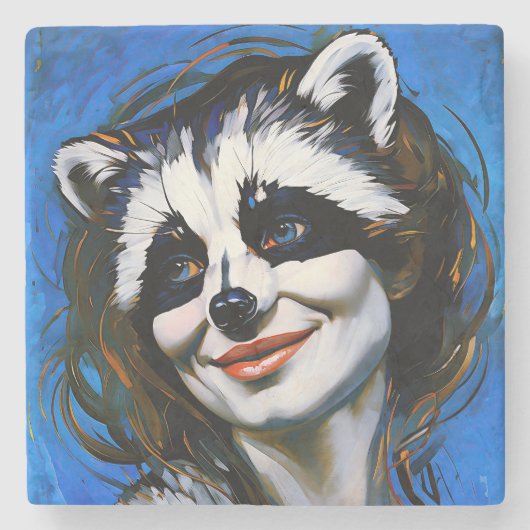 "Velka Teyani" flüstert Raccoon Trickster Steinuntersetzer (Vorderseite)