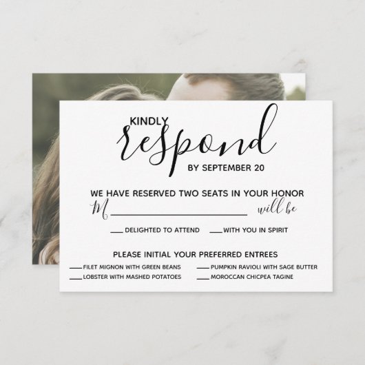 Vellum Black Rustic Script Foto Wedding RSVP (Vorne/Hinten)