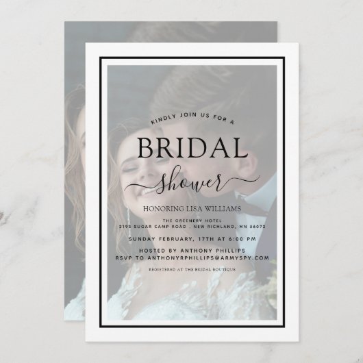 Vellum Black Script Foto Overlay-Brautparty Einladung (Vorne/Hinten)