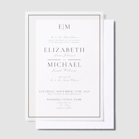 Vellum Elegant Black Classic Monogram Wedding Pergament Einladungen (Versetzt)
