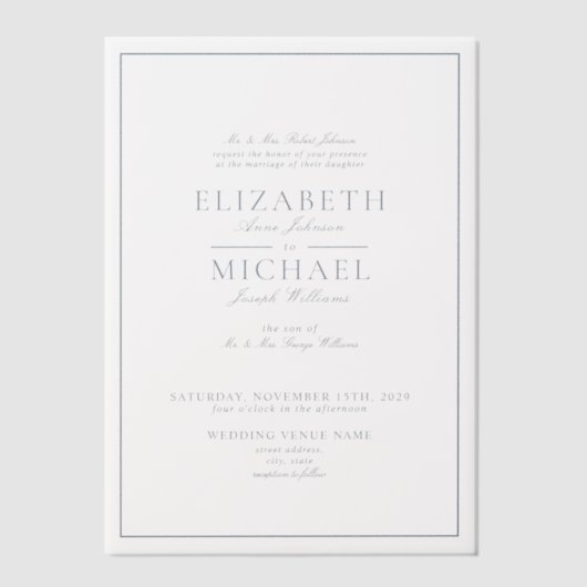 Vellum Elegant Dusty Blue Classic Script Wedding Pergament Einladungen (Vorderseite)