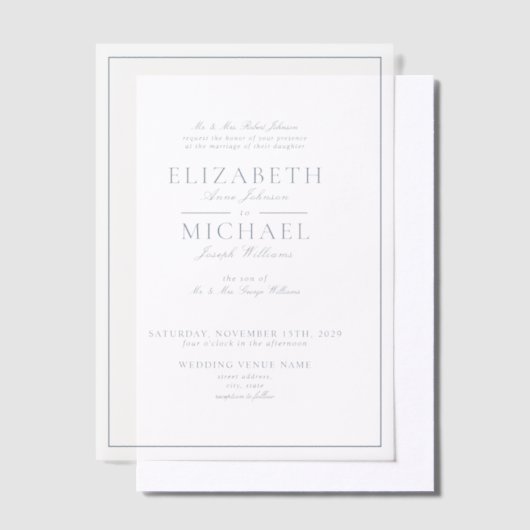 Vellum Elegant Dusty Blue Classic Script Wedding Pergament Einladungen (Versetzt)