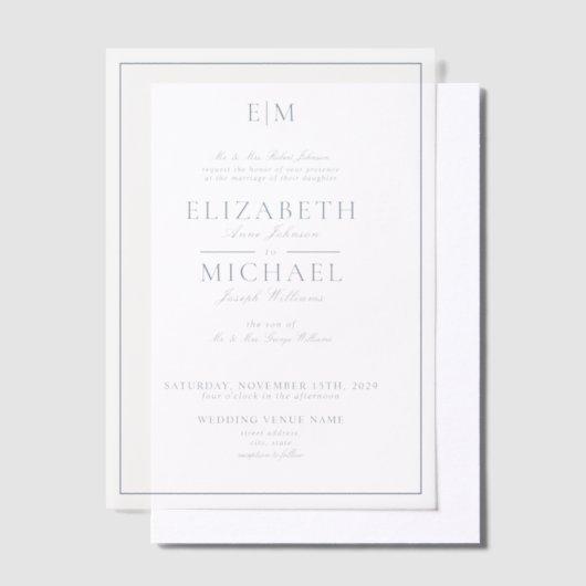 Vellum Elegant Dusty Blue Script Monogram Wedding Pergament Einladungen (Versetzt)