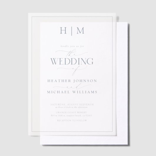 Vellum Formal Dusty Blue Monogram Script Wedding Pergament Einladungen (Versetzt)