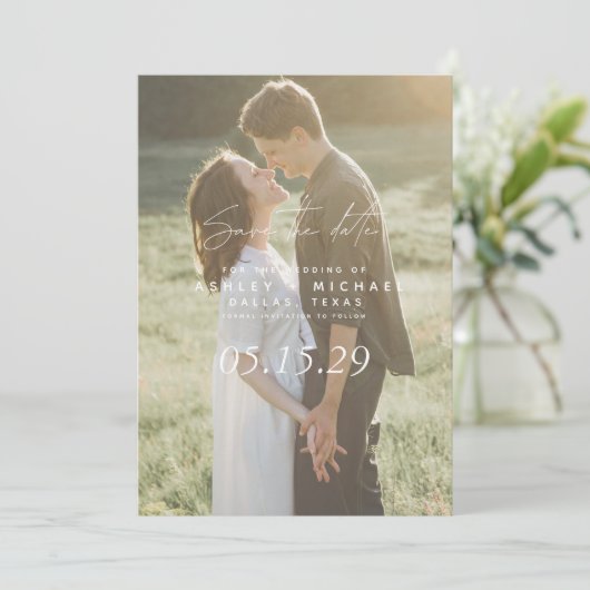 Vellum Look Handschrift Typografie 5 Foto Save The Date (Stehend Vorderseite)