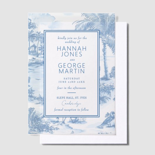 Vellum over Blue Coastal Toile Hochzeit Einladung (Versetzt)