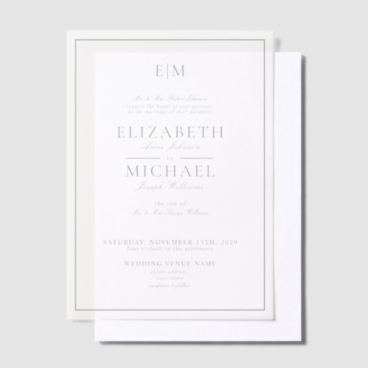 Vellum Sage Green Classic Script Monogram Wedding Pergament Einladungen (Versetzt)