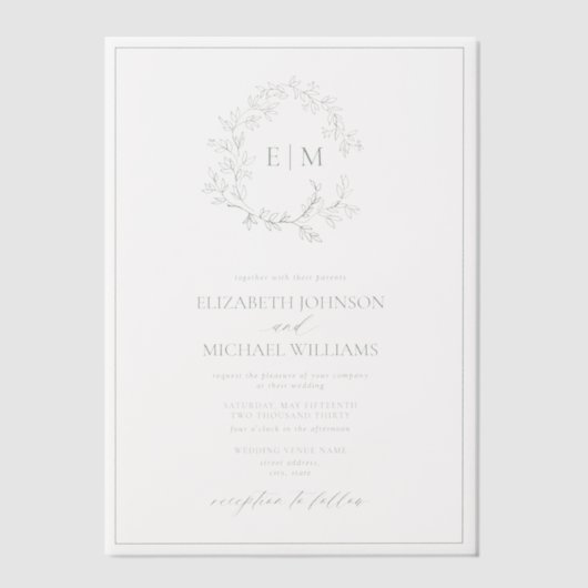 Vellum Sage Green Leafy Wappen Monogram Wedding Pergament Einladungen (Vorderseite)