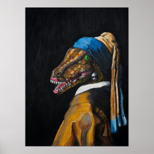 Velociraptor mit einem Perlen-Ohrring Poster