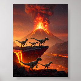 Velociraptor's mit einem ausbrechenden Vulkan Poster