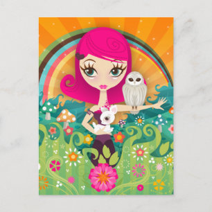 VelusaBerry Big Eye Girl and Deer and Owl Postcard Postkarte
