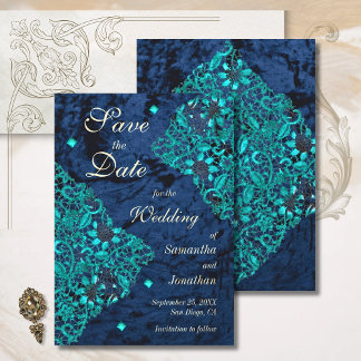 Velvet Aquamarin und Navy Luxury Wedding Save The Date