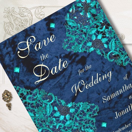 Velvet Aquamarin und Navy Luxury Wedding Save The Date