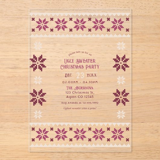 Velvet Berry Ugly Sweater Christmas Party Acryleinladungen (Vorderseite)