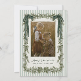 Velvet Bow and Stripes Christmas Photo Card Green Feiertagskarte