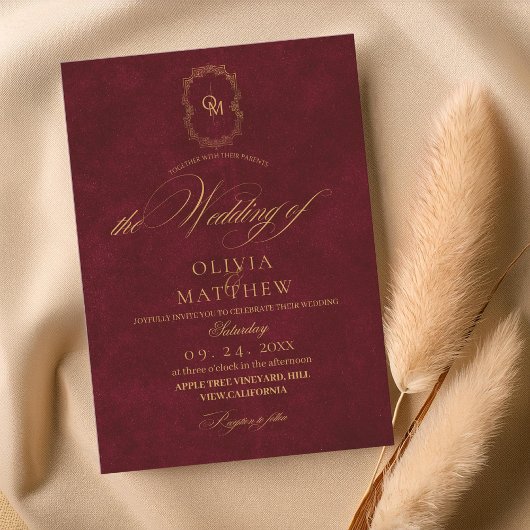 Velvet Burgundy Script Wedding Einladung