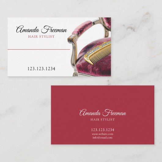 Velvet Dark Sessel Gold Comb Haar Stylist Visitenkarte (Vorne/Hinten)